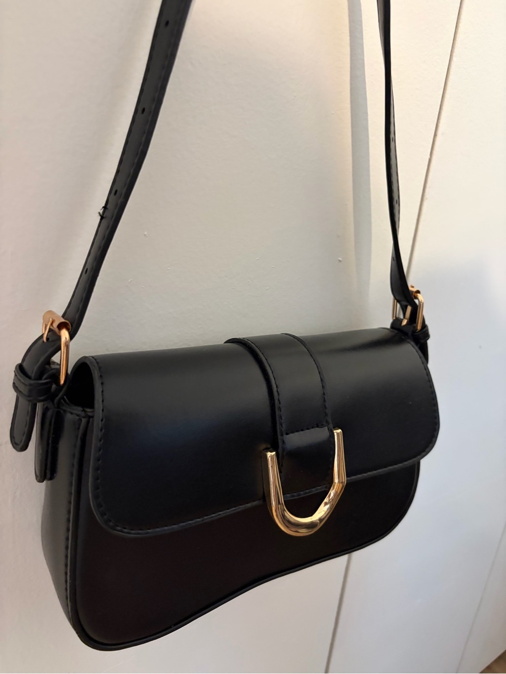 Women's Classy Black Shoulder Bag with Gold Accent Hardware and magnetic closure
